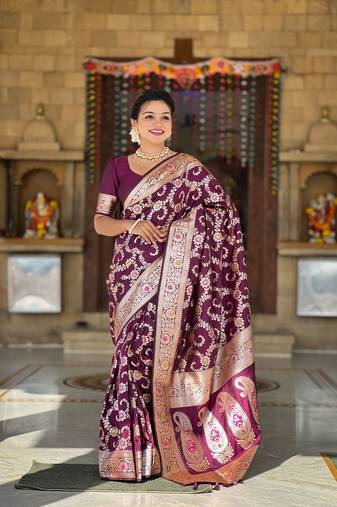 Purple Zari Meenakari Work Banarasi Silk blend Saree