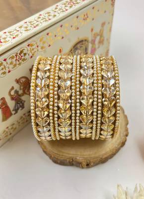 Gold pearl studded bangle set for women 2