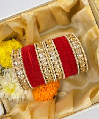 red brass bangle set with kundan work 1