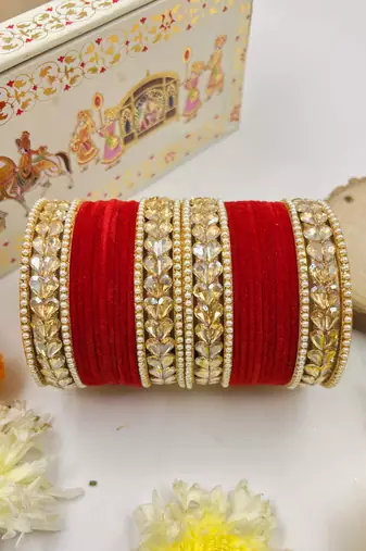 red brass bangle set with kundan work