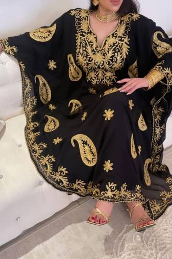 black  Moroccan Dubai Kaftan Arabic Abaya Dress  Fancy Long Gown 