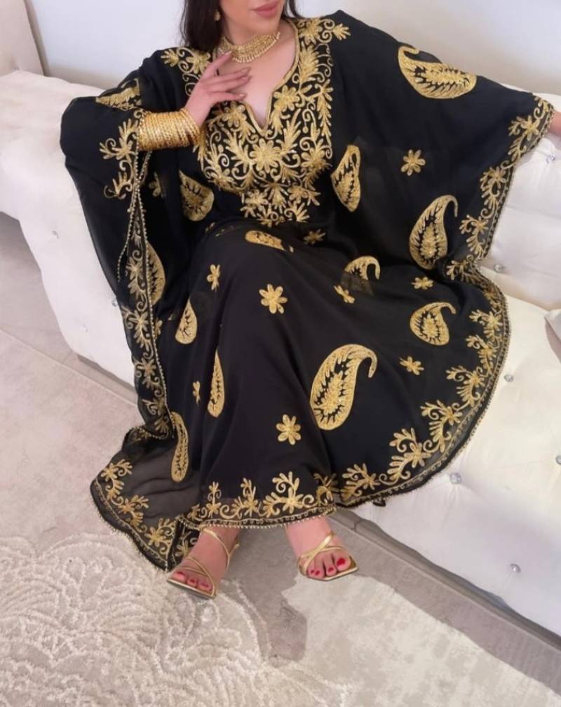 black  Moroccan Dubai Kaftan Arabic Abaya Dress  Fancy Long Gown 