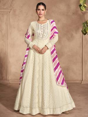 Off white chikankari embroidered georgette anarkali with colorful dupatta 1