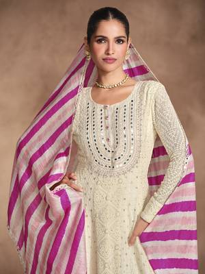 Off white chikankari embroidered georgette anarkali with colorful dupatta 2