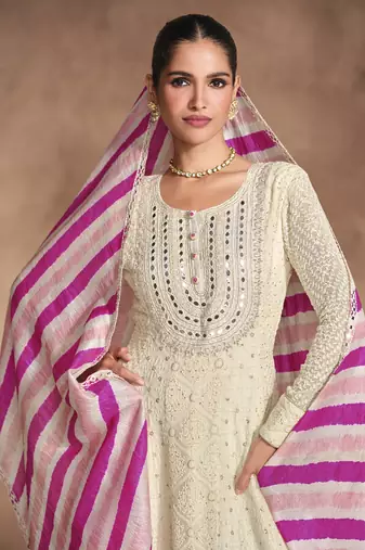 Off white chikankari embroidered georgette anarkali with colorful dupatta