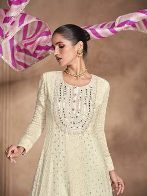 Off white chikankari embroidered georgette anarkali with colorful dupatta 3