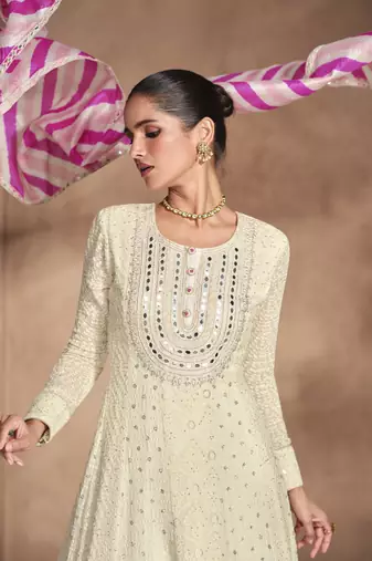 Off white chikankari embroidered georgette anarkali with colorful dupatta