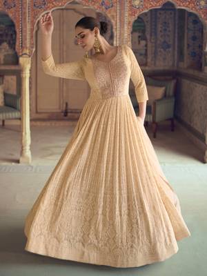 Light peach chikankari embroidered georgette anarkali with dupatta 1