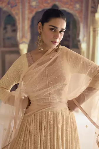 Light peach chikankari embroidered georgette anarkali with dupatta