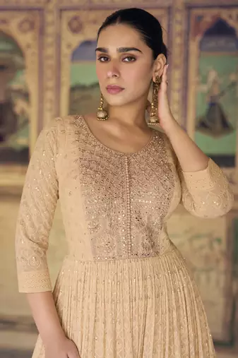 Light peach chikankari embroidered georgette anarkali with dupatta
