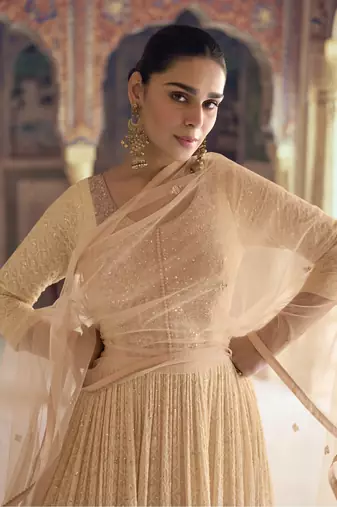 Light peach chikankari embroidered georgette anarkali with dupatta
