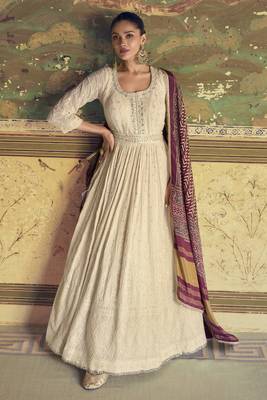 Off white chikankari embroidered georgette anarkali with dupatta 1