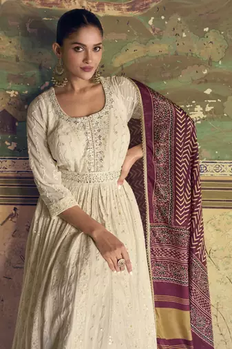 Off white chikankari embroidered georgette anarkali with dupatta