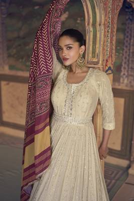 Off white chikankari embroidered georgette anarkali with dupatta 3
