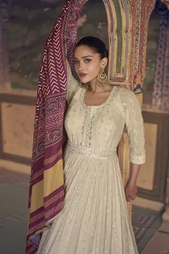 Off white chikankari embroidered georgette anarkali with dupatta