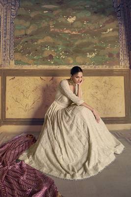 Off white chikankari embroidered georgette anarkali with dupatta 4
