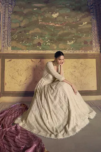 Off white chikankari embroidered georgette anarkali with dupatta