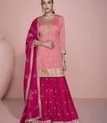 Pink embellished premium chinnon silk sharara suit set with dupatta