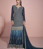 Navy blue embellished premium chinnon silk sharara suit set with dupatta