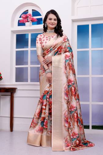 Beige embellished 3d floral printed dola art silk saree with printed blouse