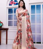 Beige embellished 3d floral printed dola art silk saree with printed blouse