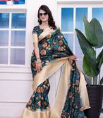 Black embellished 3d floral printed dola art silk saree with printed blouse