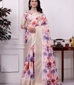 Cream embellished 3d floral printed dola art silk saree with printed blouse