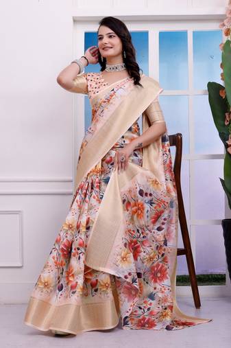 Beige embellished 3d floral printed dola art silk saree with printed blouse
