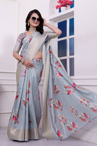 Grey checkered 3d floral printed dola art silk saree with printed blouse