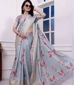 Grey checkered 3d floral printed dola art silk saree with printed blouse