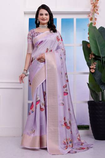 Lavender checkered 3d floral printed dola art silk saree with printed blouse
