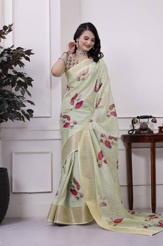 Lemon yellow checkered 3d floral printed dola art silk saree with printed blouse