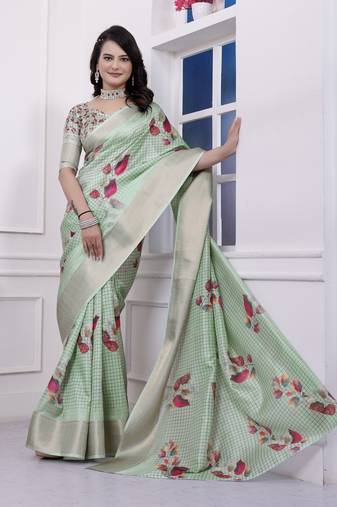 Light green checkered 3d floral printed dola art silk saree with printed blouse
