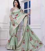 Light green checkered 3d floral printed dola art silk saree with printed blouse