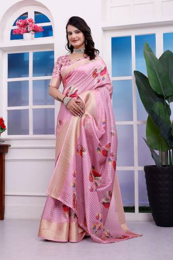 Pink checkered 3d floral printed dola art silk saree with printed blouse