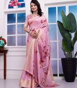 Pink checkered 3d floral printed dola art silk saree with printed blouse