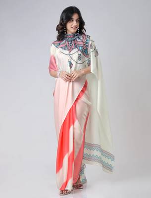 Coral off white freehand mandala print Ready to Wear Saree with Unstitched Blouse 1