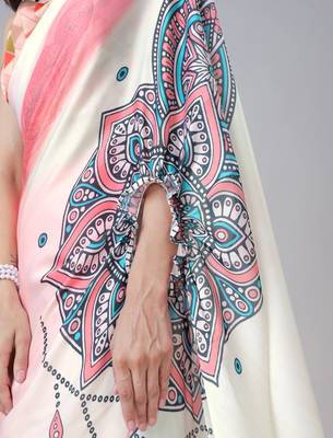 Coral off white freehand mandala print Ready to Wear Saree with Unstitched Blouse 2