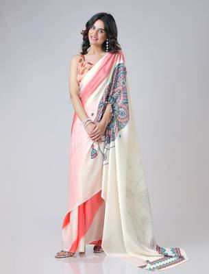Coral off white freehand mandala print Ready to Wear Saree with Unstitched Blouse 3
