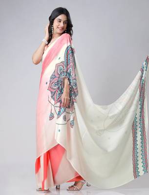 Coral off white freehand mandala print Ready to Wear Saree with Unstitched Blouse 4