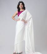 White retro wavy polka stripes freehand Ready to Wear Saree with Unstitched Blouse