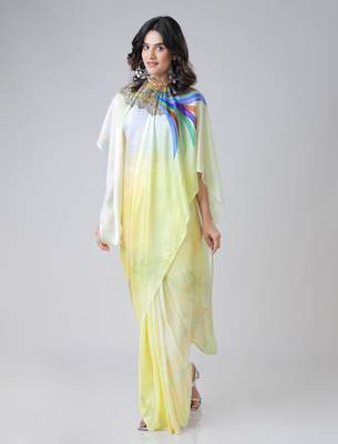 Ombre yellow multi-color leaves mandala print freehand Ready to Wear Saree with Unstitched Blouse 1