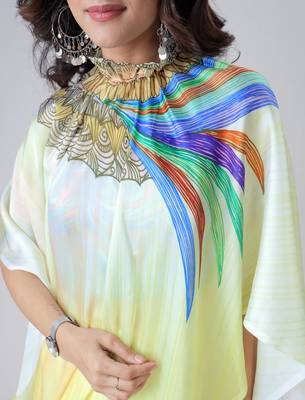 Ombre yellow multi-color leaves mandala print freehand Ready to Wear Saree with Unstitched Blouse 2