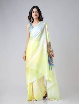 Ombre yellow multi-color leaves mandala print freehand Ready to Wear Saree with Unstitched Blouse 3