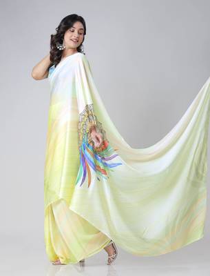 Ombre yellow multi-color leaves mandala print freehand Ready to Wear Saree with Unstitched Blouse 4