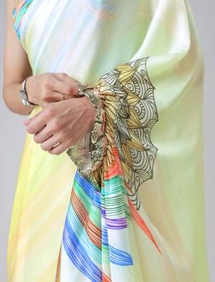 Ombre yellow multi-color leaves mandala print freehand Ready to Wear Saree with Unstitched Blouse 5