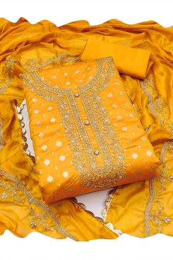 yellow model banarasi women embellished & embroidered unstitched dress material