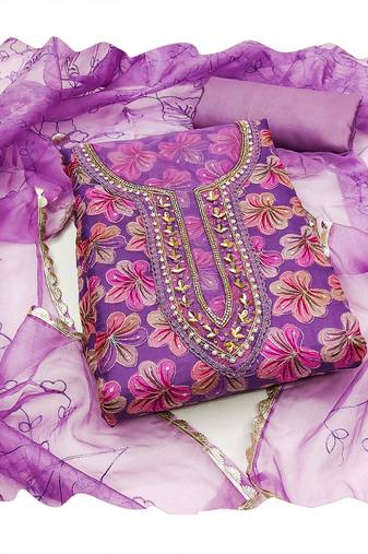 purple organza women embellished & embroidered unstitched dress material