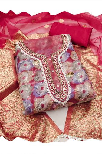 red organza women embellished & embroidered unstitched dress material