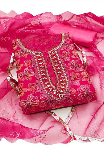 rani pink organza women embellished & embroidered unstitched dress material